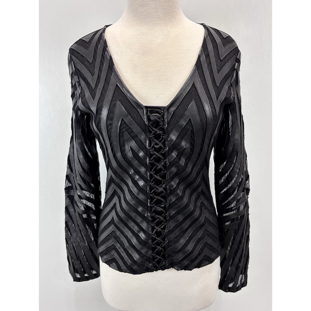 Cartise Mixed Media Top Shirt Sz 8 Women's Black Whimsigoth Stretch Mesh Faux